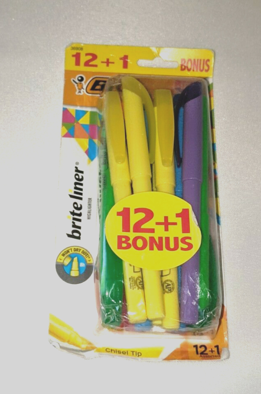 Bic Brite Liner Chisel Tip 12 + 1 Bonus Highlighters - NEW